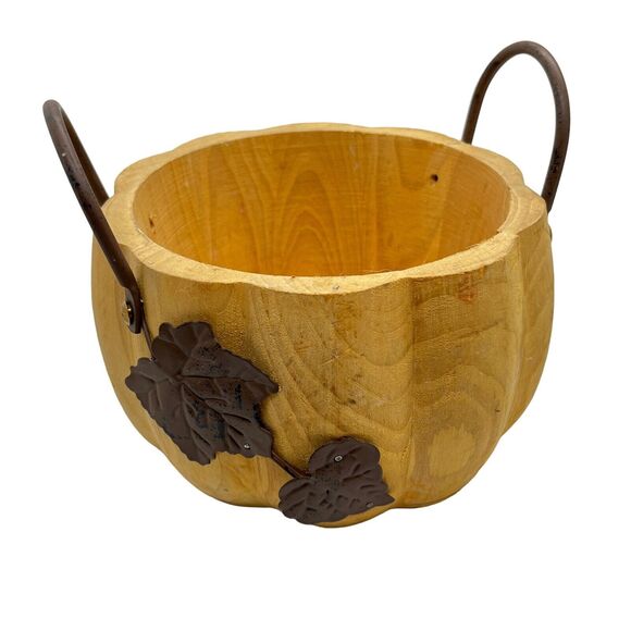 Pottery Barn Other - Pottery Barn Hand Carved Wooden Pumpkin Basket w/ Metal Handle Autumn!!!